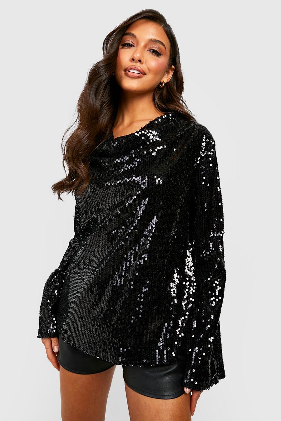 Cowl Flare Sleeve Sequin Blouse