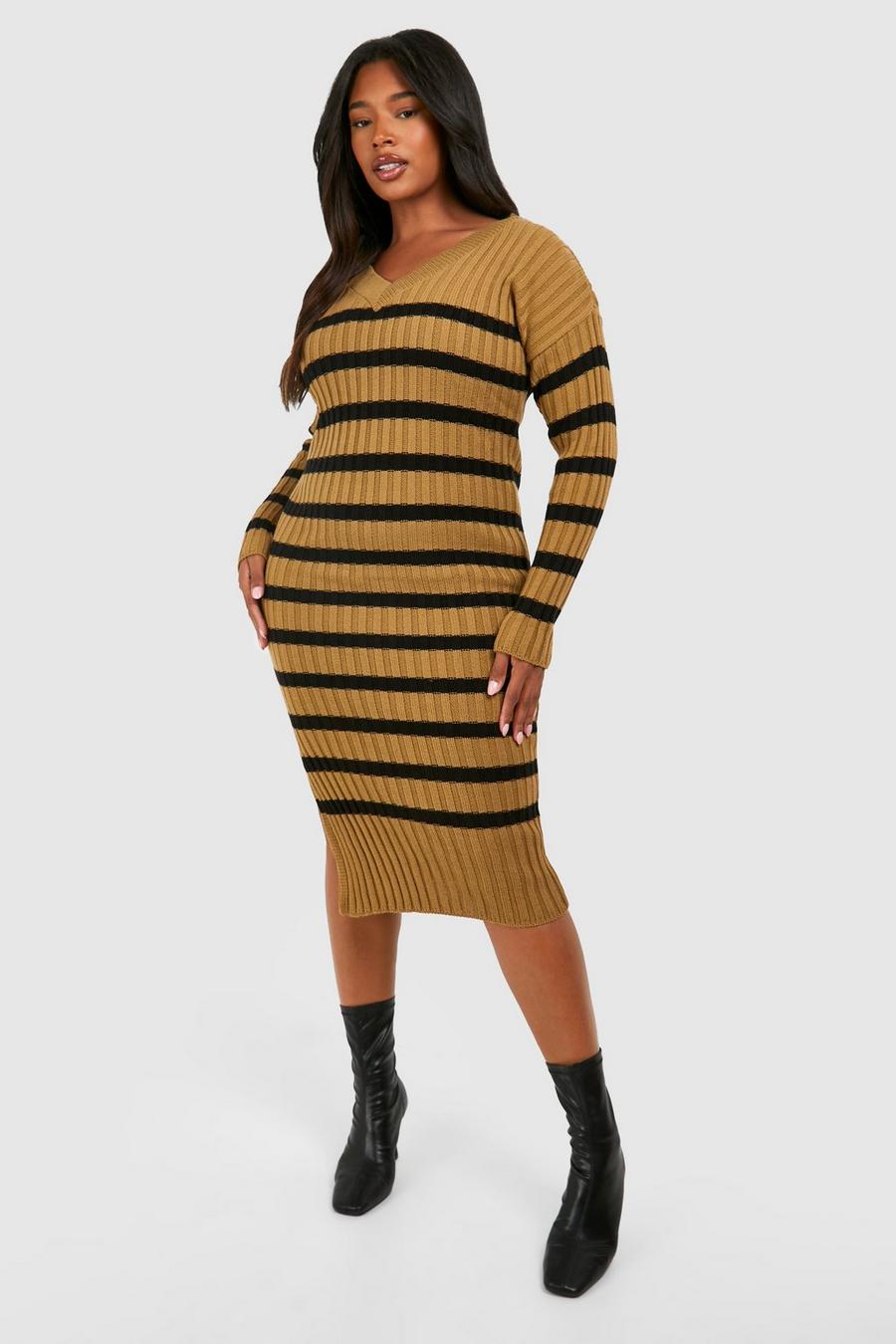 Beige Plus Striped V Neck Sweater Dress