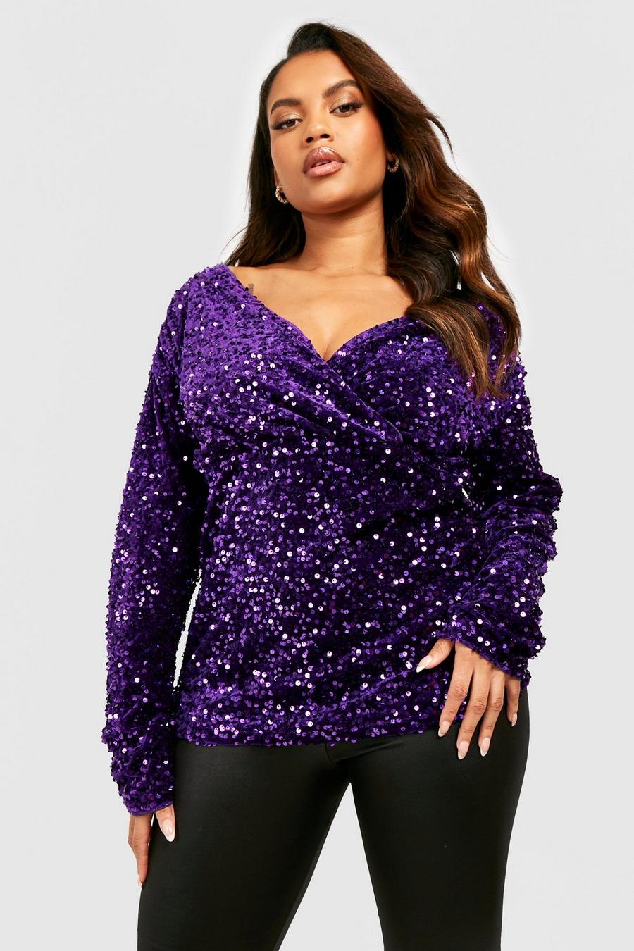 Top Plus Size in velluto con paillettes e spalle scoperte, Purple