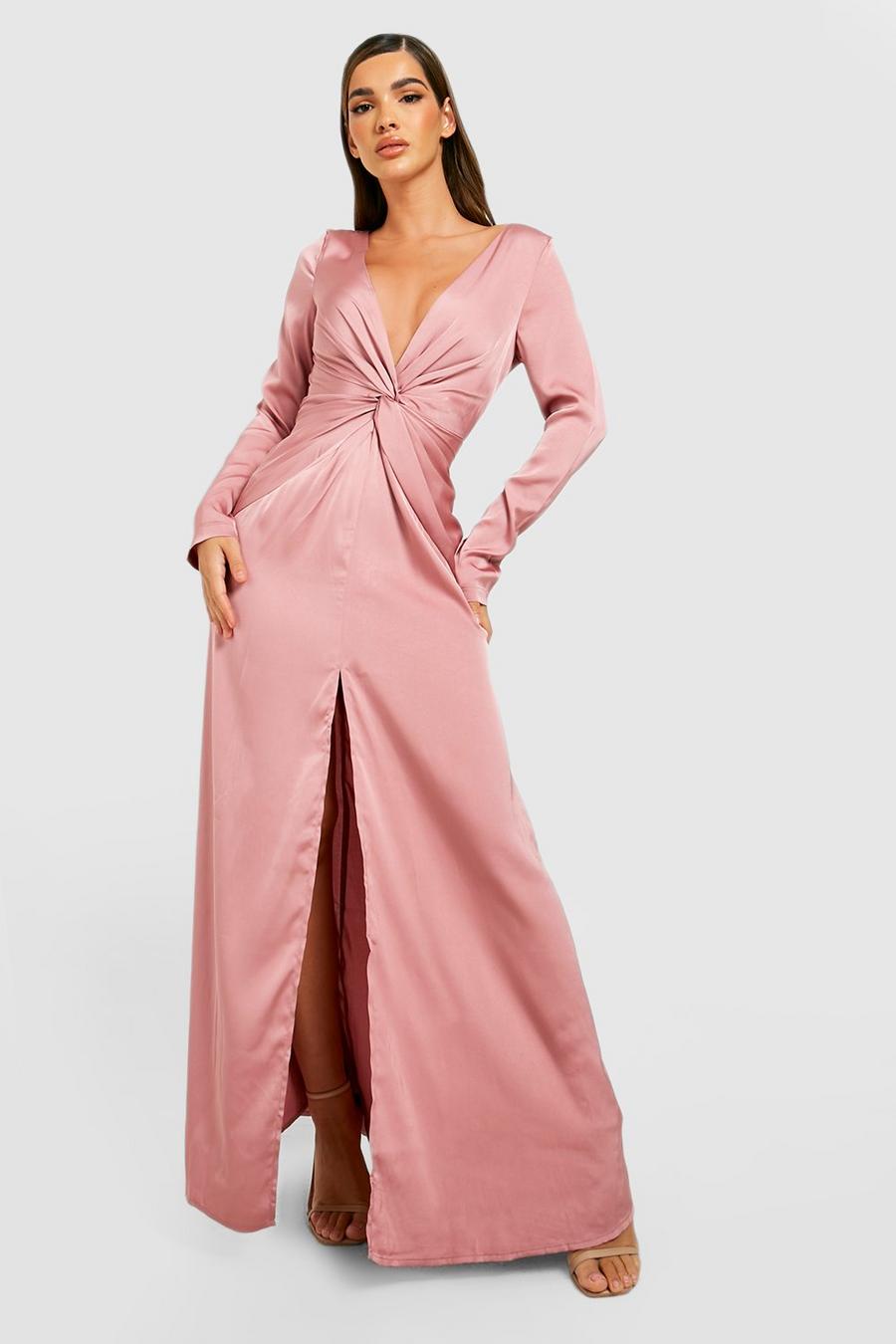 Rose Satin Twist Detail Split Maxi Dress