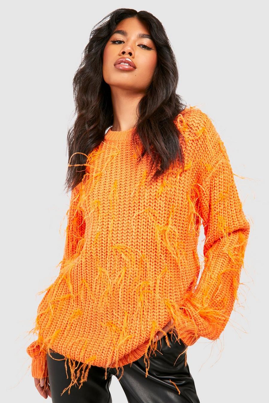Orange Stickad tröja med fjädrar