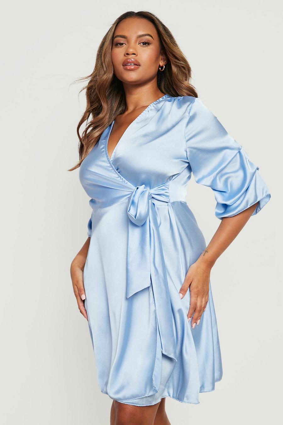Baby blue Plus Satin Ruched Sleeve Wrap Dress