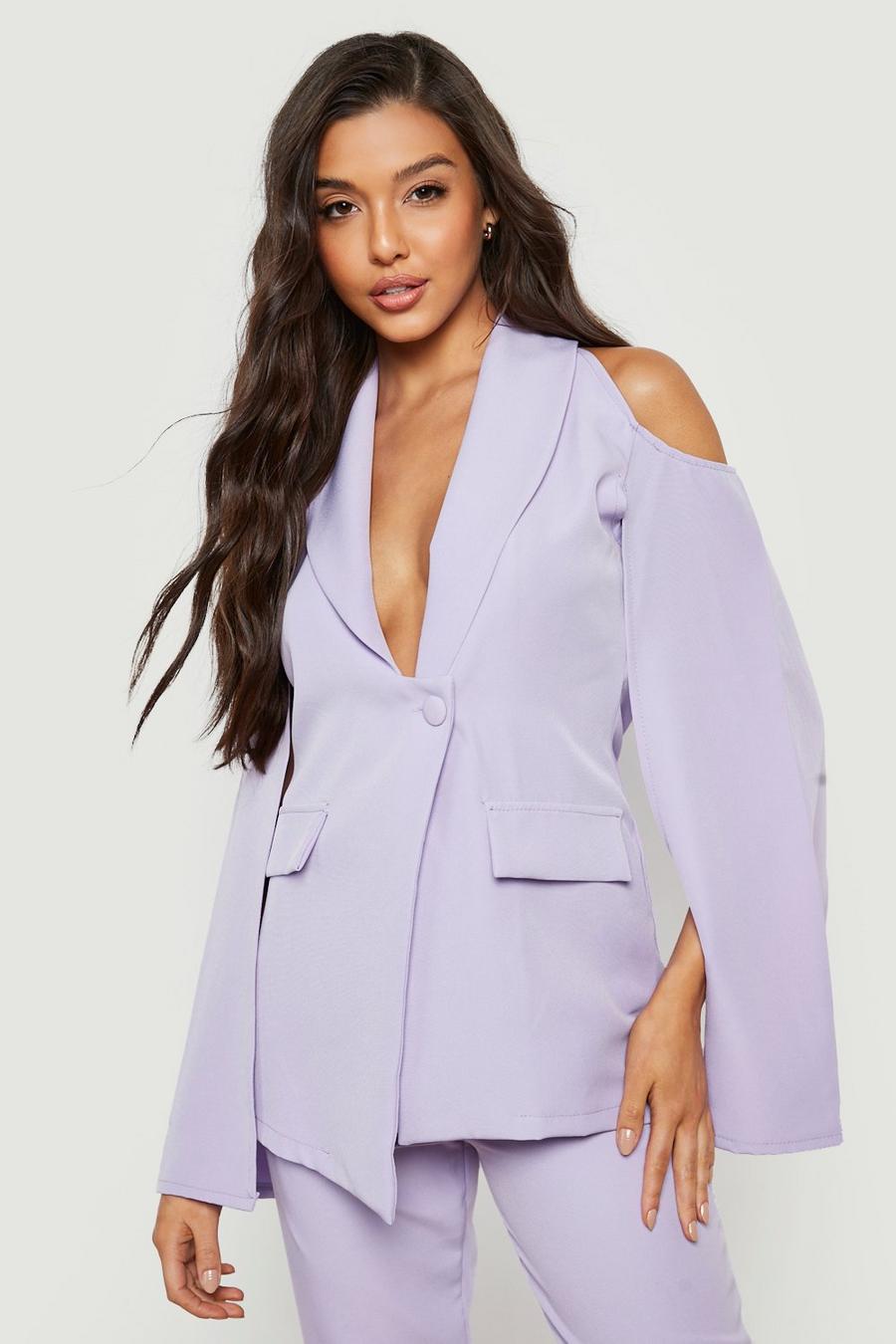 Lilac Cold Shoulder Wrap Front Tailored Blazer