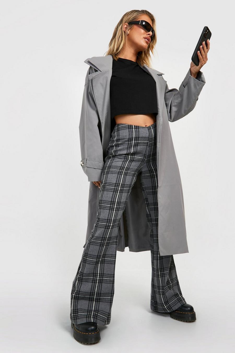Grey Plaid Woven Flared Pants