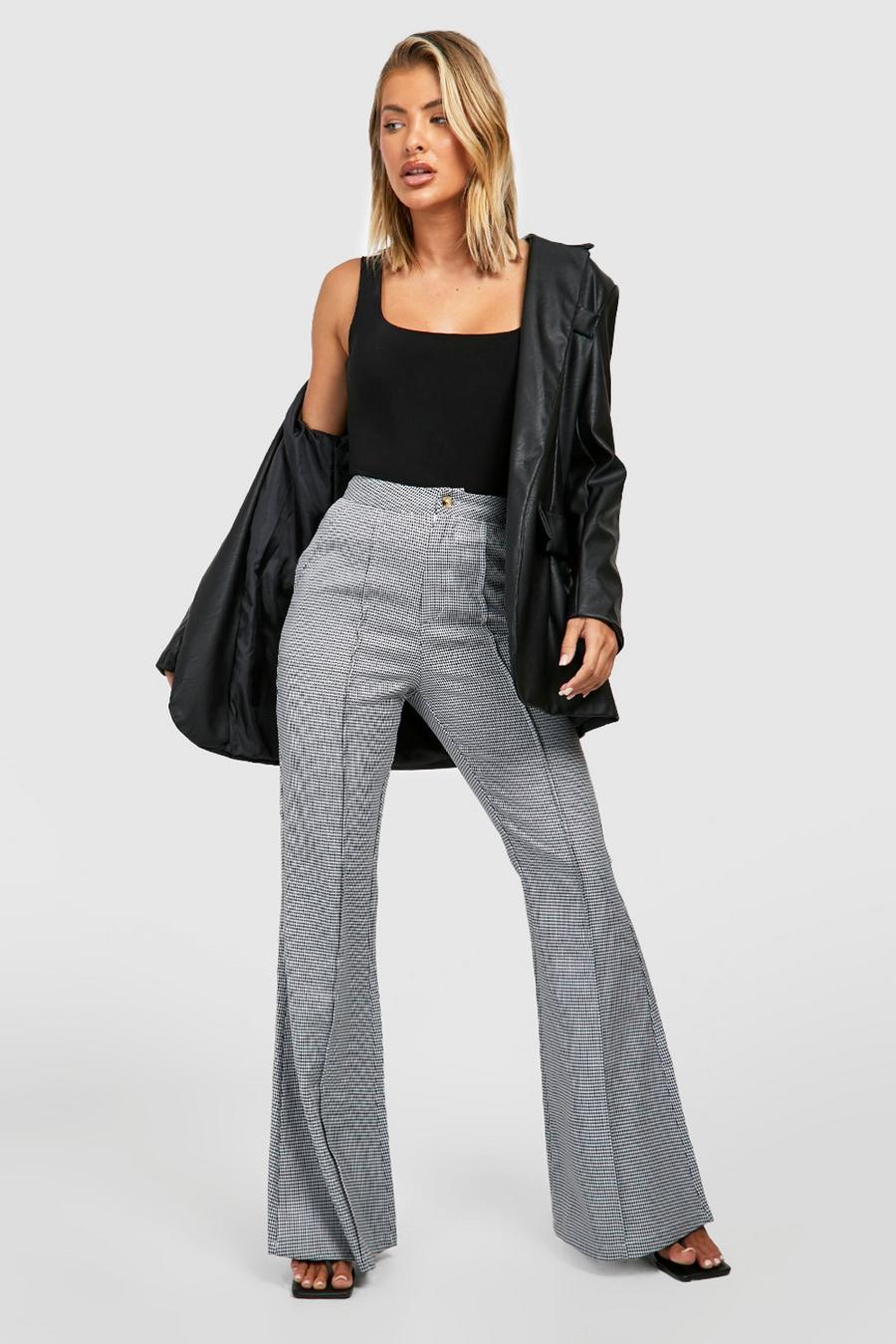 Black Houndstooth High Waisted Tailored Flared Trouser
