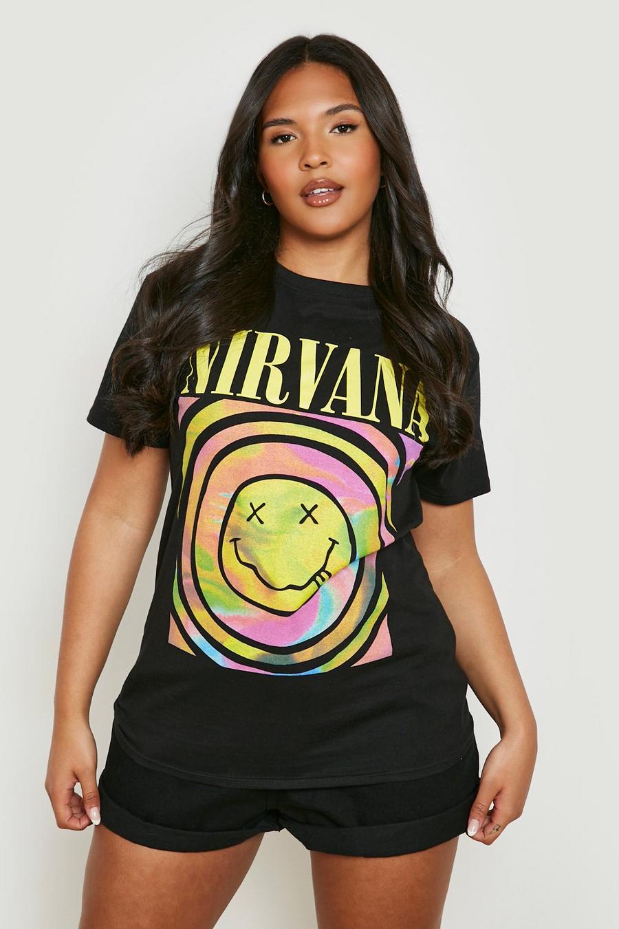 Camiseta Plus con estampado de Smiley y Nirvana, Black