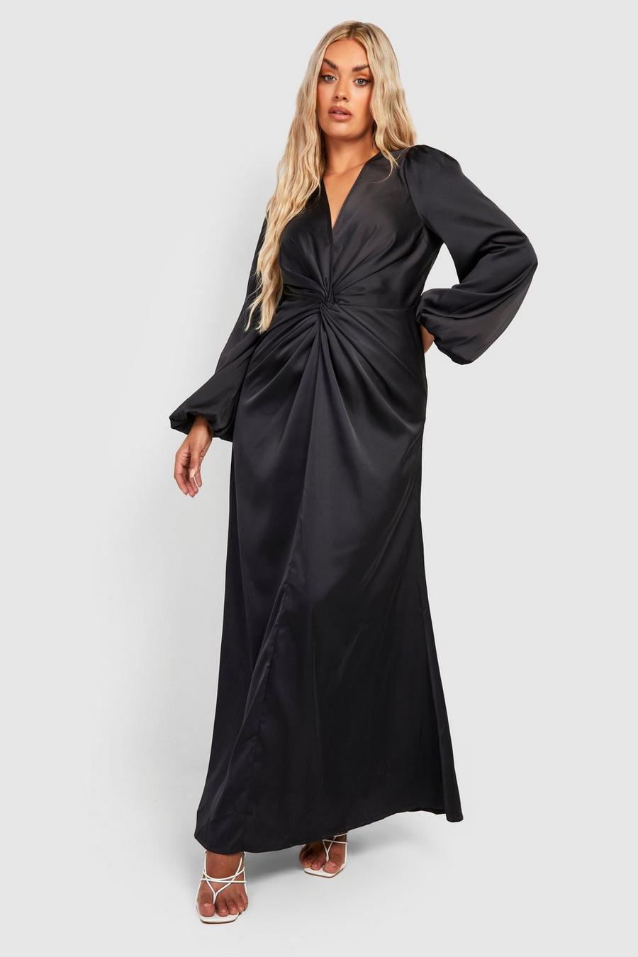 Black Plus Satin Twist Front Blouson Sleeve Maxi Dress