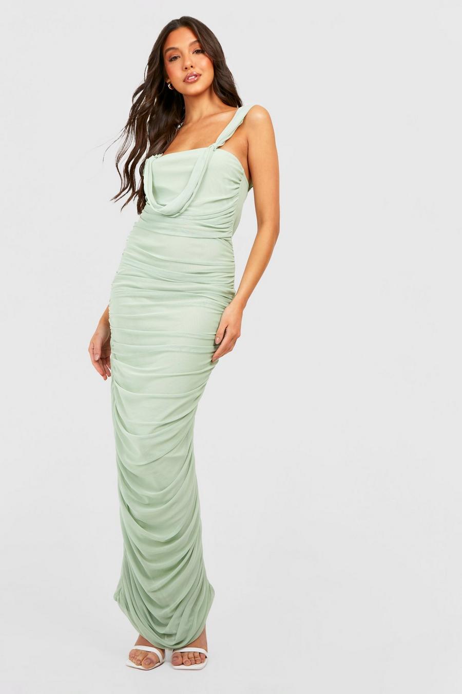 Chartreuse Ruched Mesh Draped Off The Shoulder Maxi Dress