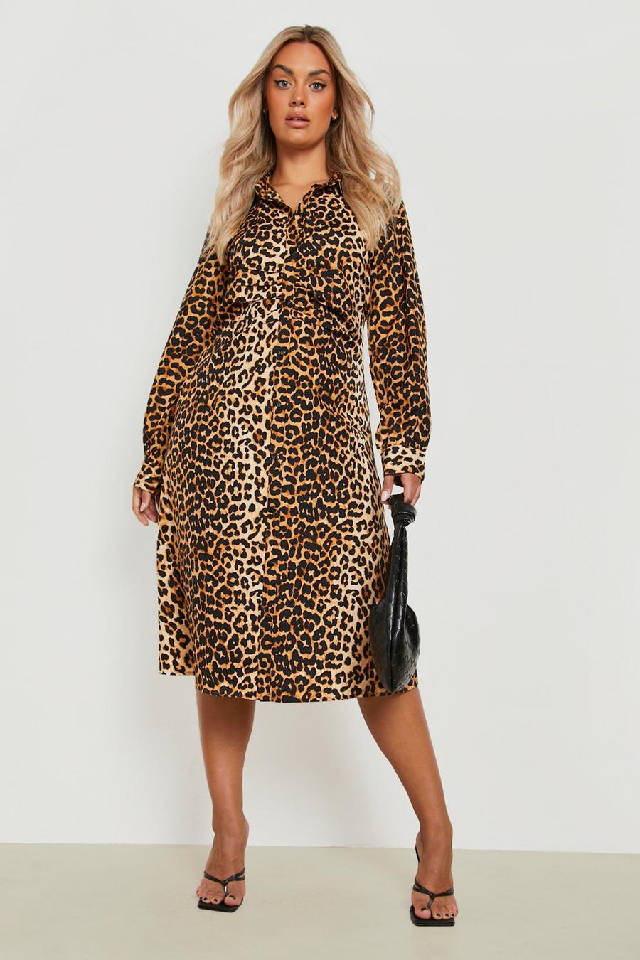 Plus Leopard Print Ruched Midi Shirt Dress image number 1