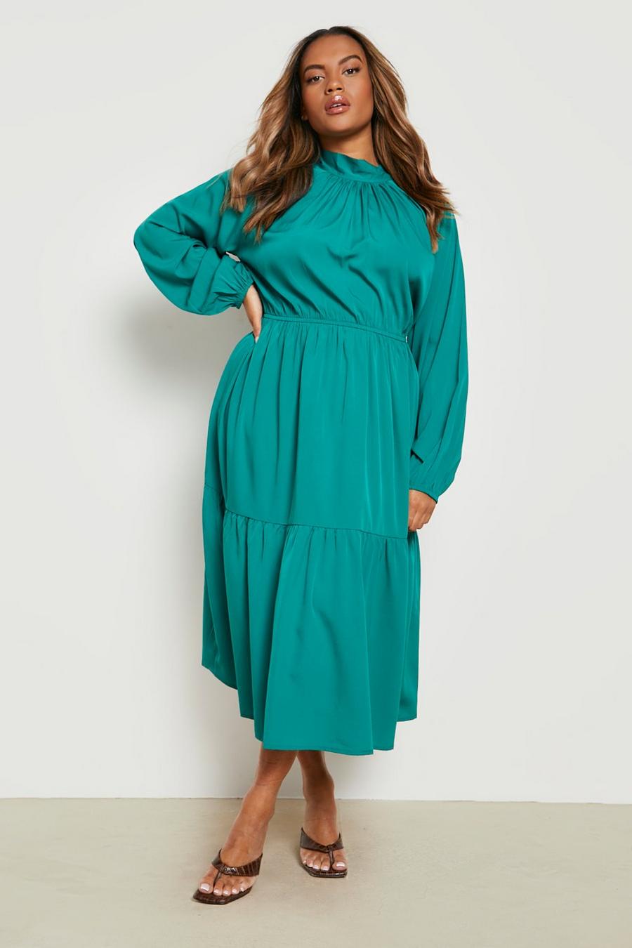 Emerald Plus Pussybow Belted Tiered Midi Dress