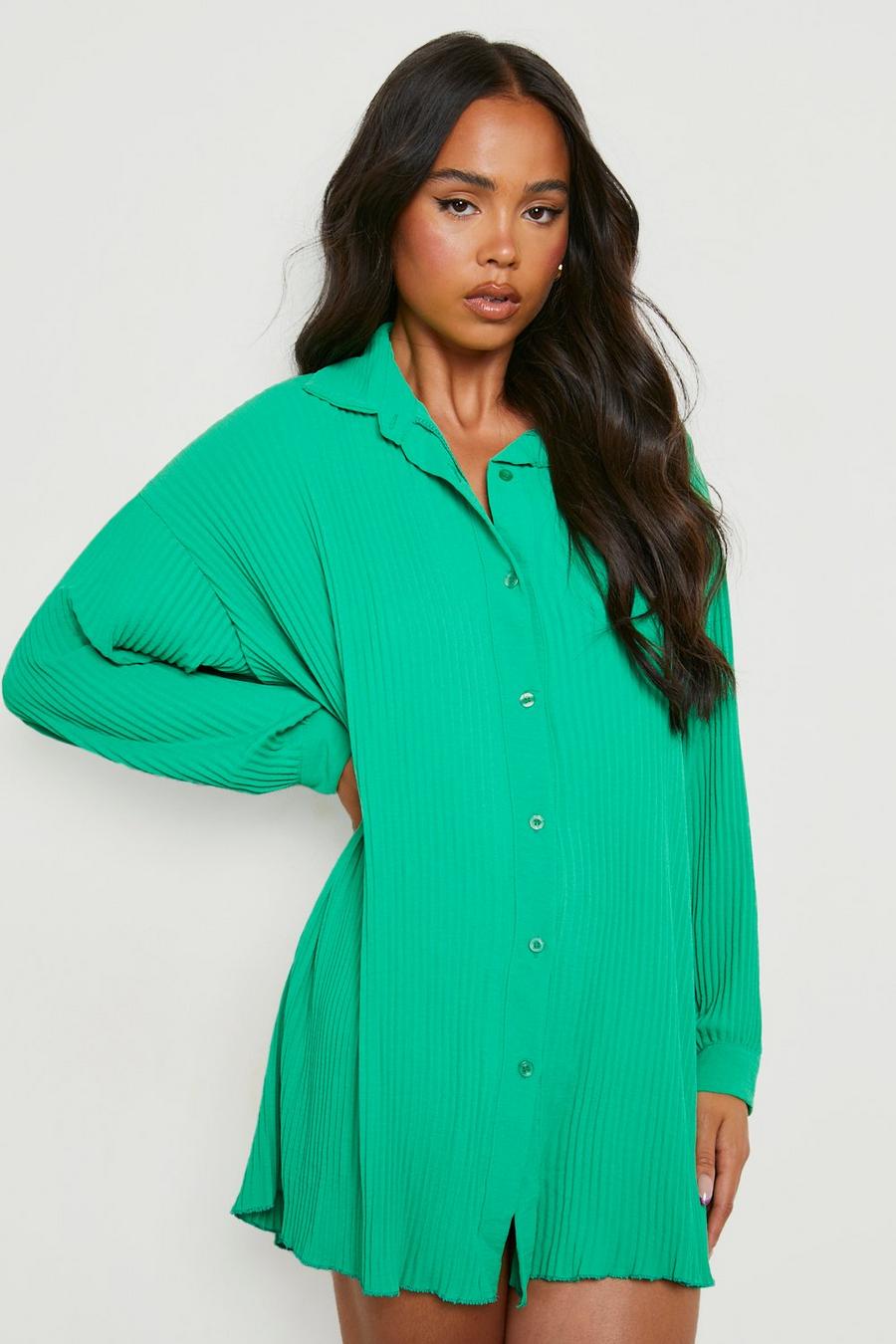 Green Petite Plisse Shirt Dress