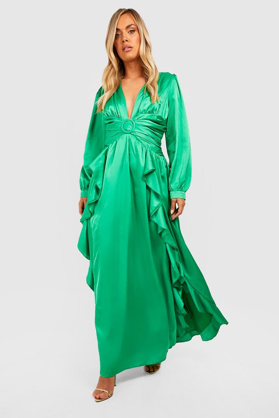Emerald Plus Satin Ruffle Plunge Maxi Dress