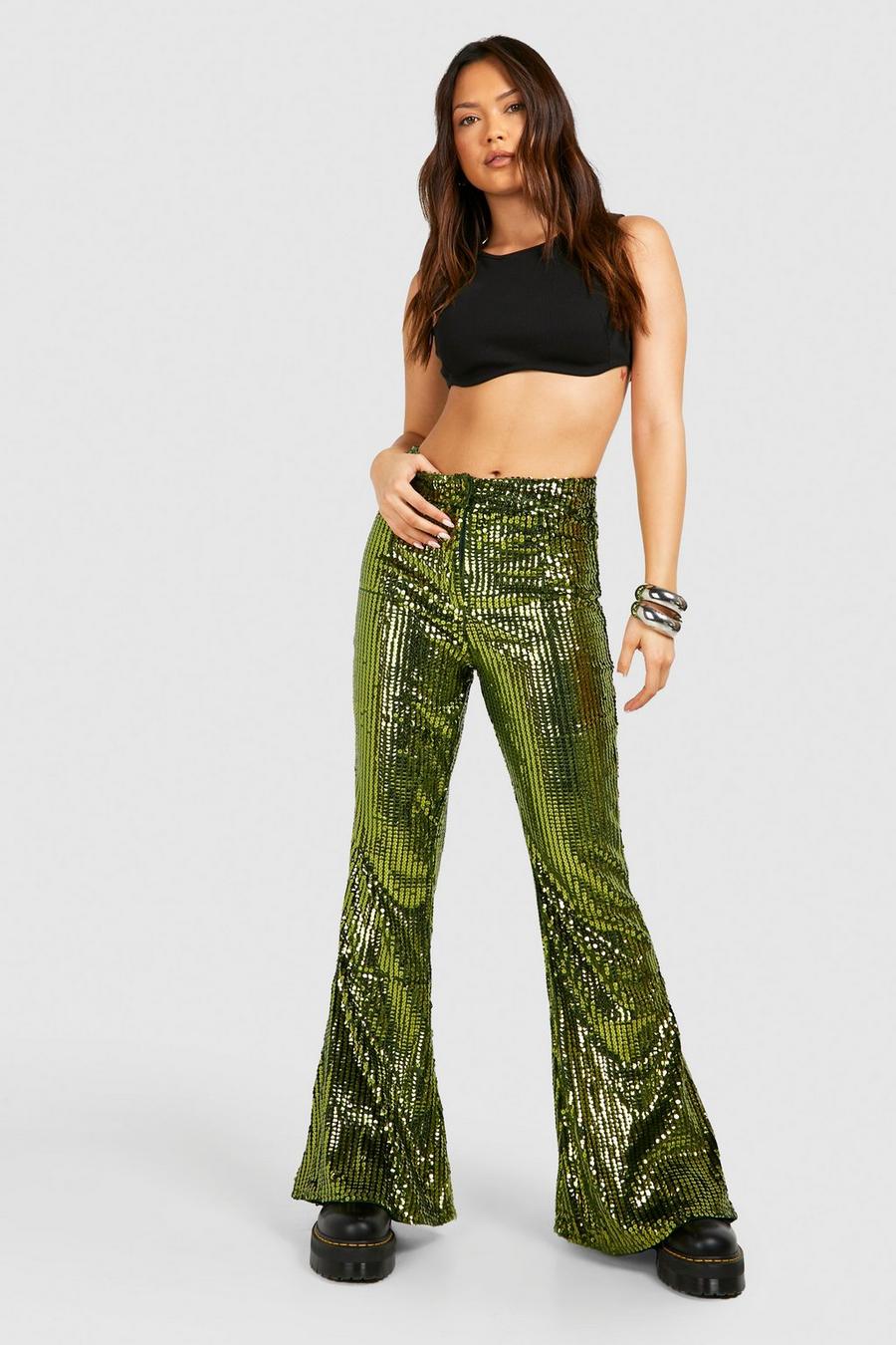 Chartreuse Festival High Waist Sequin Flare Trousers