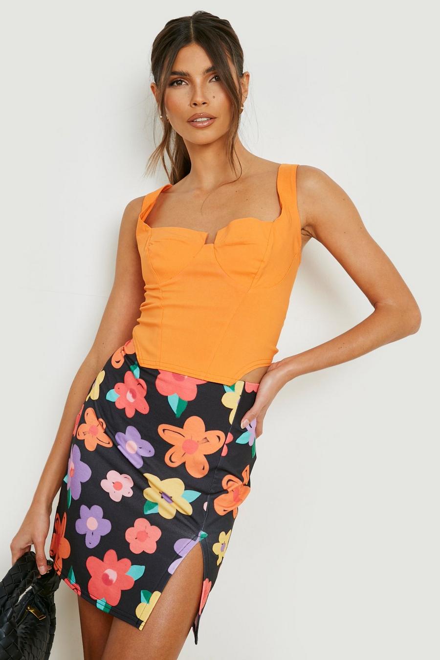 Black Floral Split Hem Mini Skirt