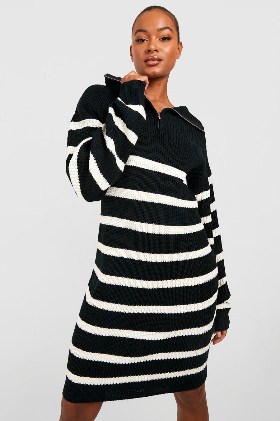 Black Tall Half Zip Striped Sweater Dress