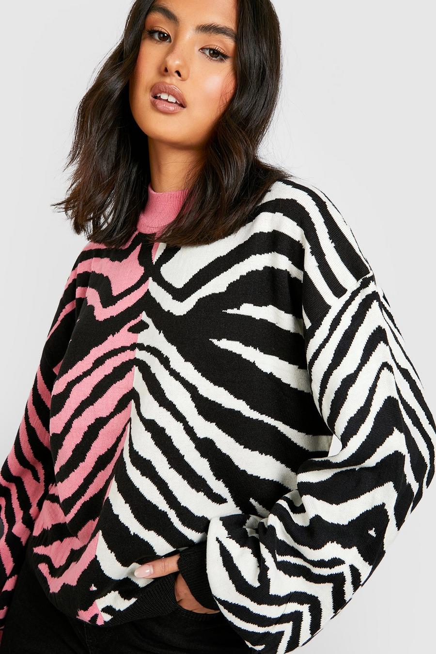 Pink Color Block Zebra Print Sweater