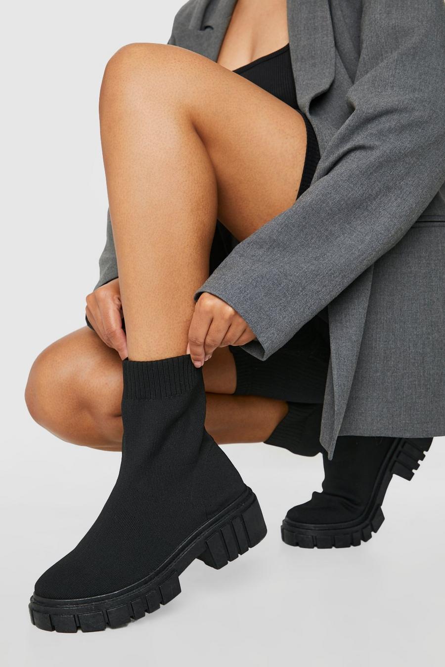 Black Chunky Sole Sock Boots