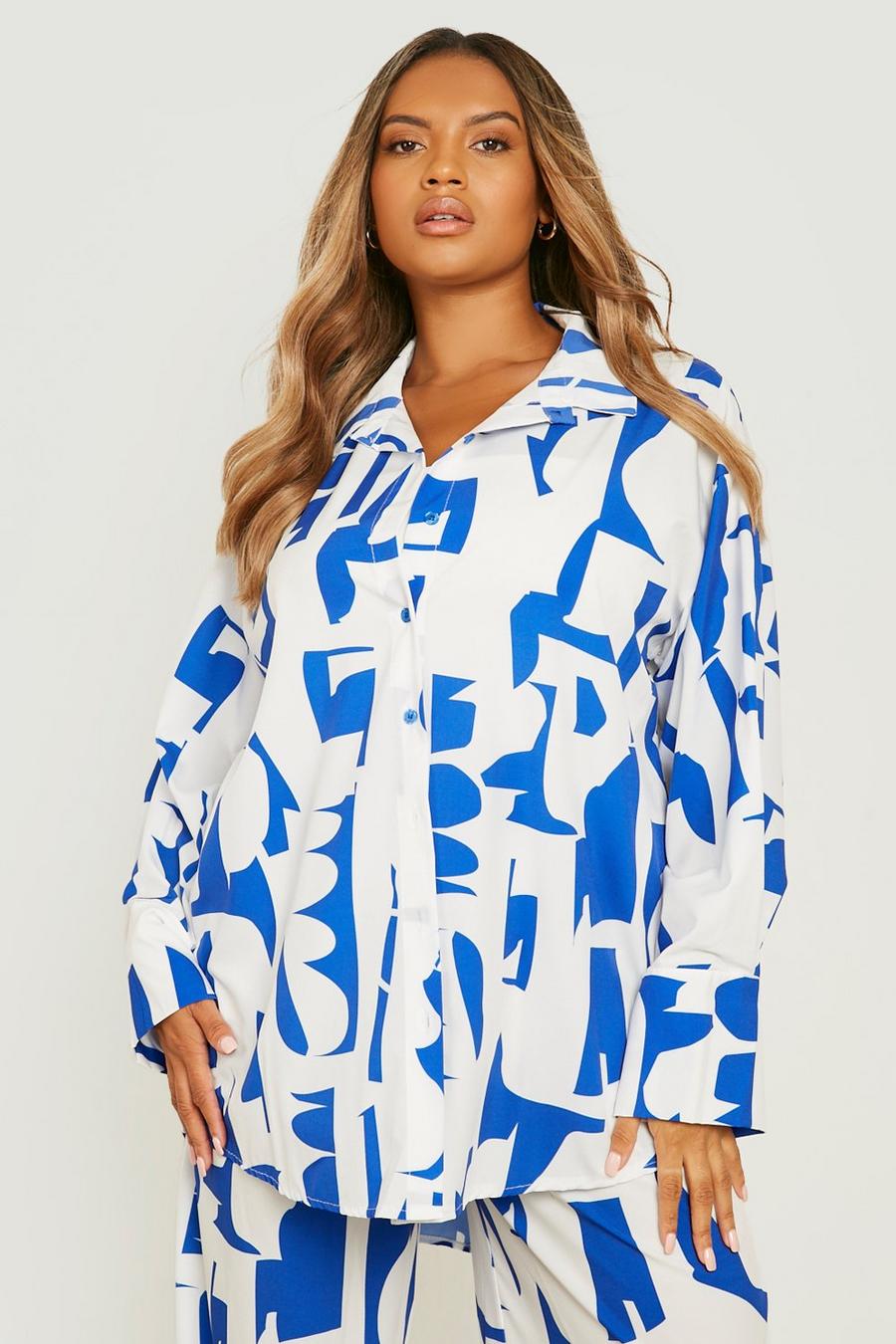 Blue Plus Oversized Overhemd Met Abstracte Print