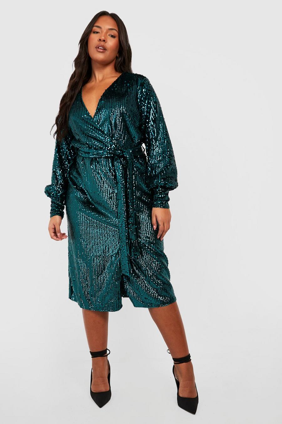 Green Plus Matte Sequin Wrap Midi Dress