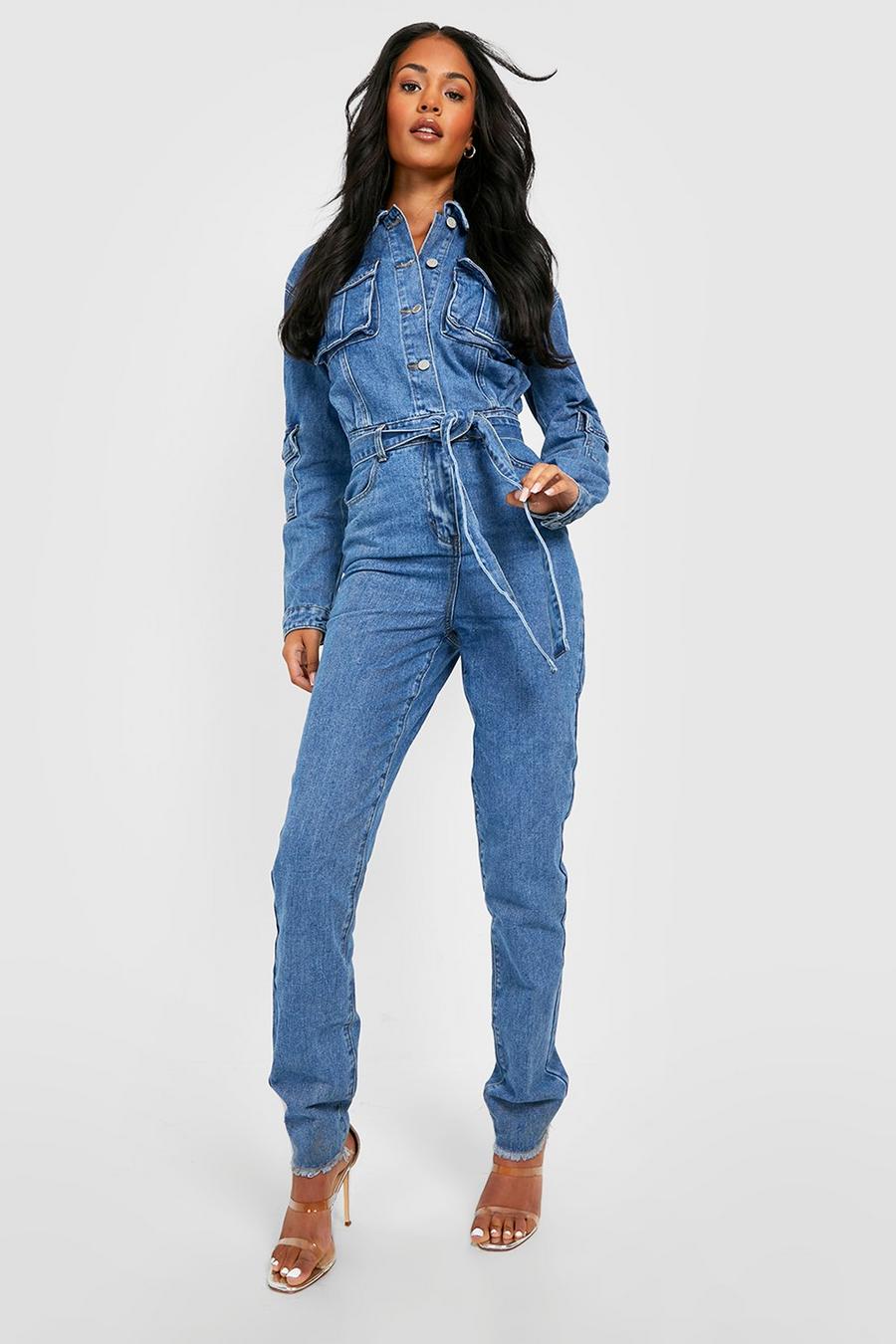 Mid wash Tall Belted Tapered Cargo Denim Boilersuit