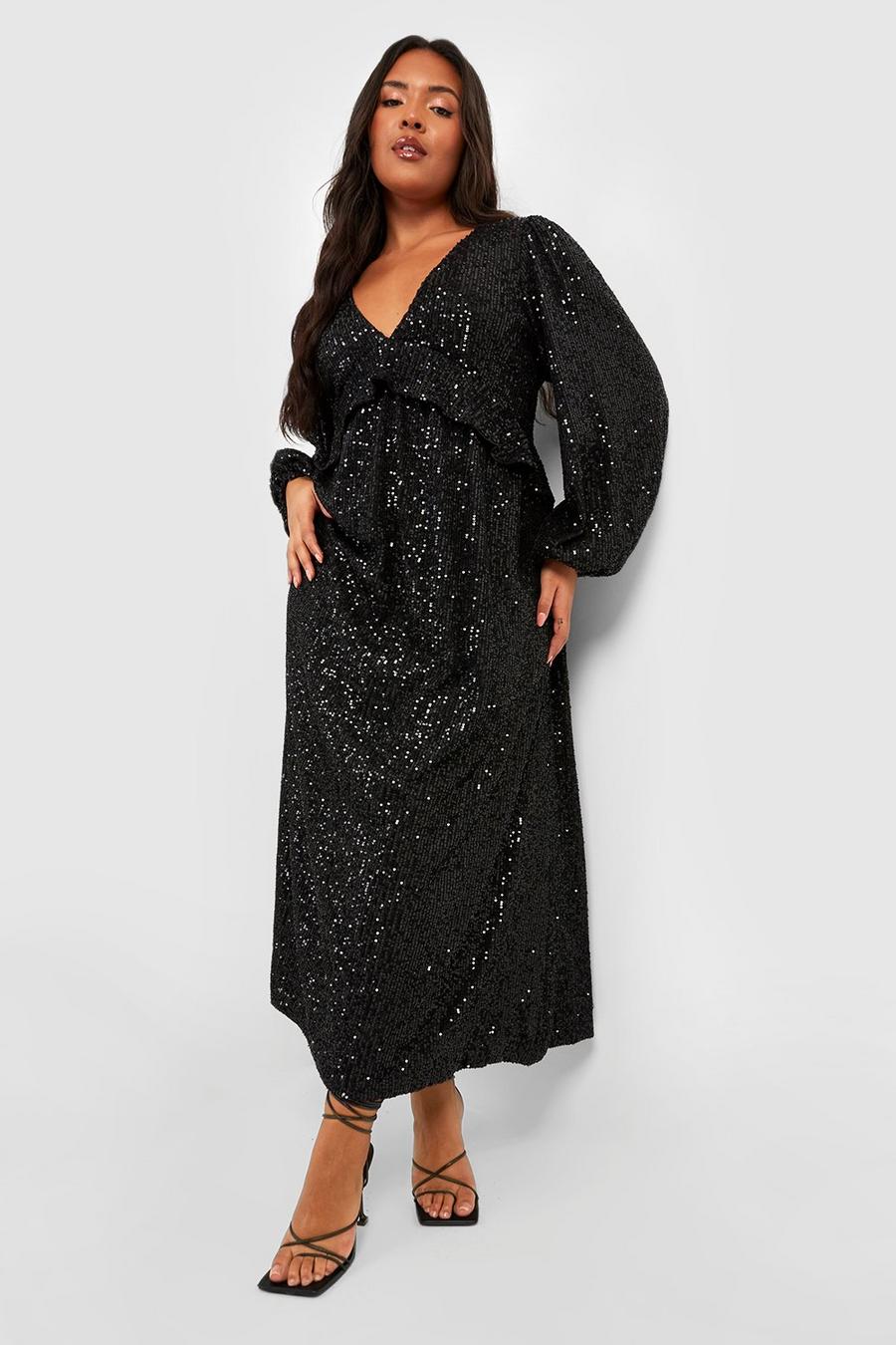 Black Plus Sequin Ruffle Midaxi Dress
