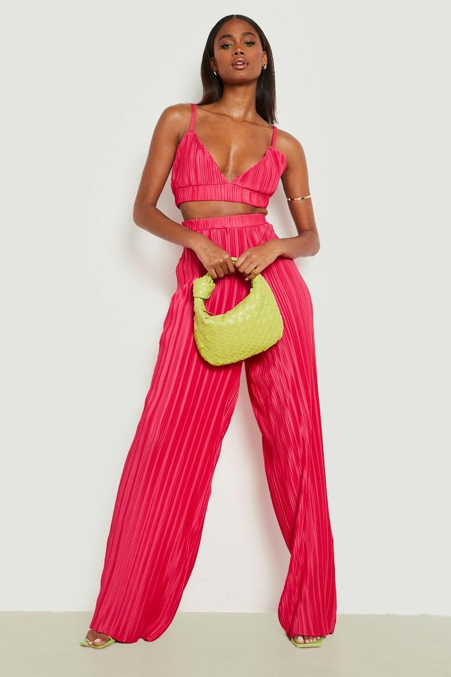 Ensemble plissé avec bralette et pantalon large, Hot pink