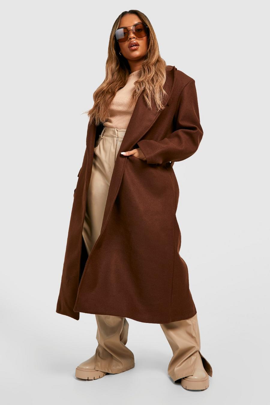 Cappotto Plus Size effetto lana con cintura, Chocolate