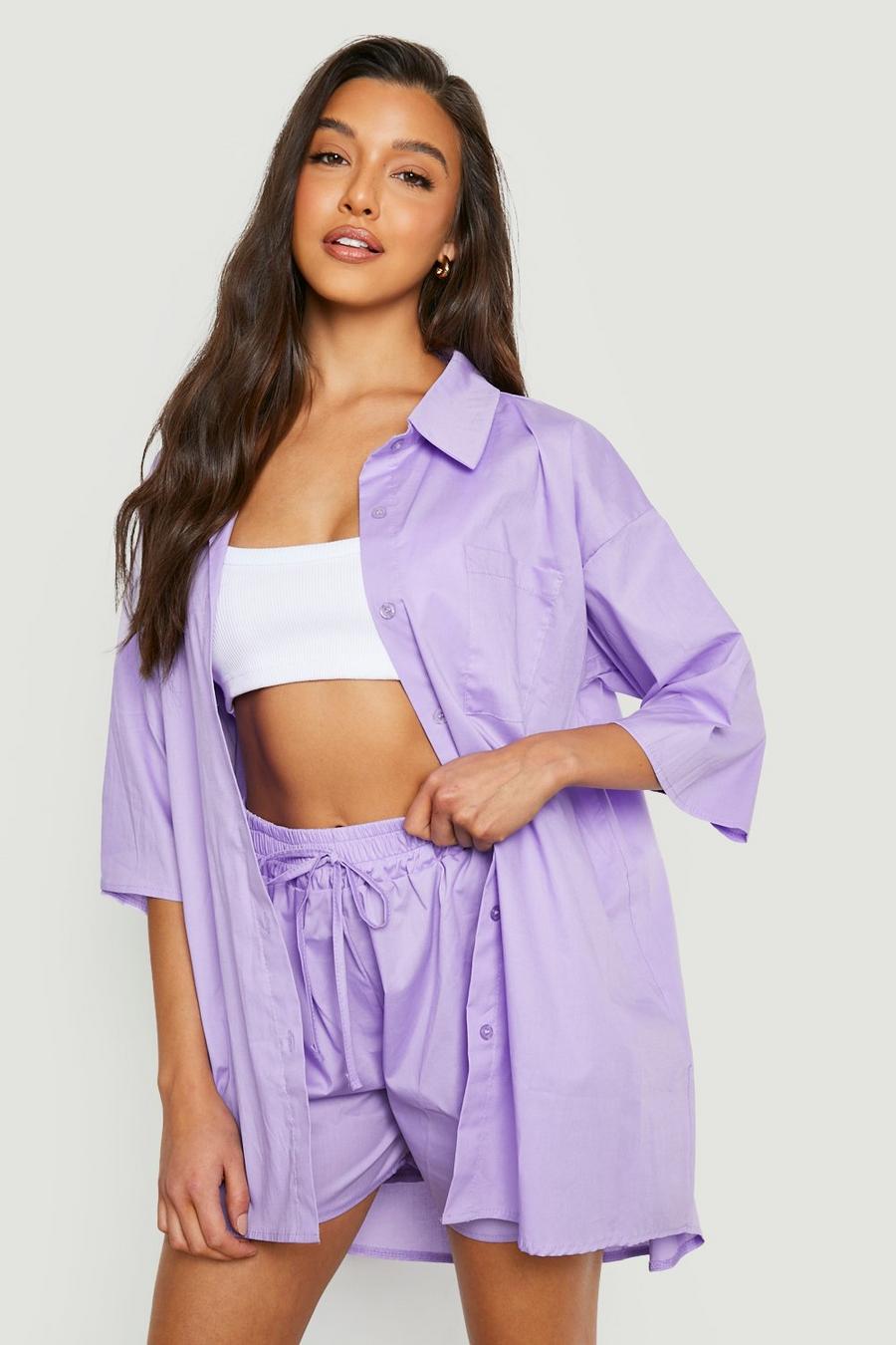 Set camicia oversize in cotone popeline & pantaloncini, Lilac