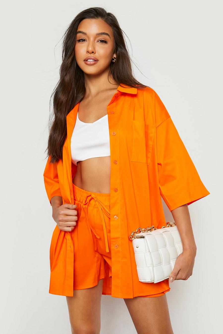 Orange Oversized Katoenen Poplin Blouse En Shorts Set