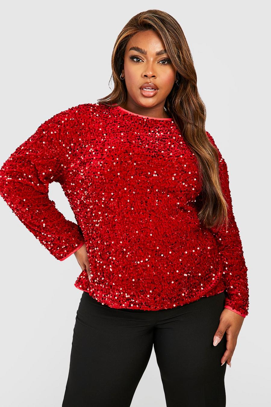 Red Plus Sequin Long Sleeved Top