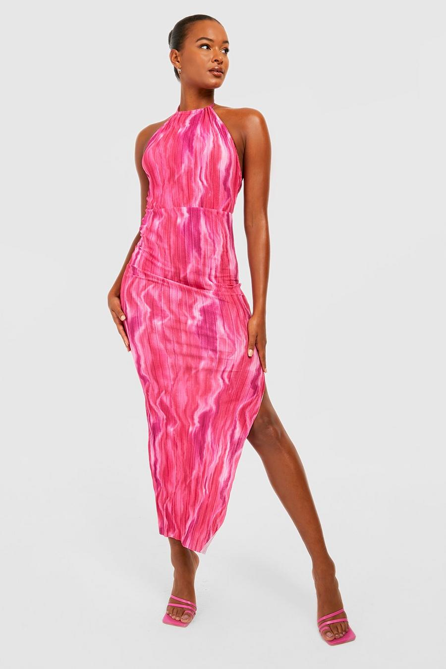 Pink Tall Printed Plisse Pleated Split Midi Dress