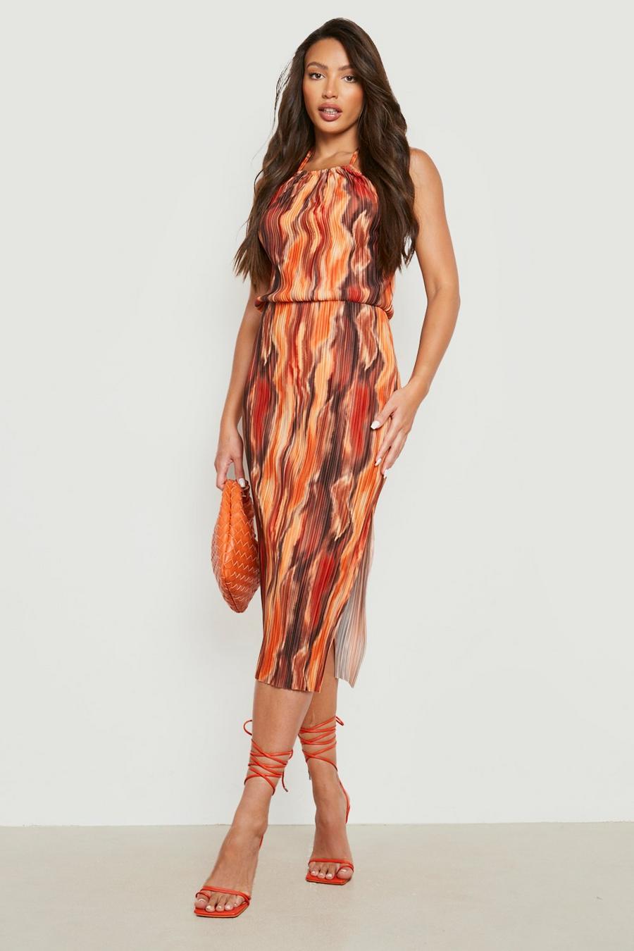 Rust Tall Printed Plisse Pleated Split Midi Dress image number 1