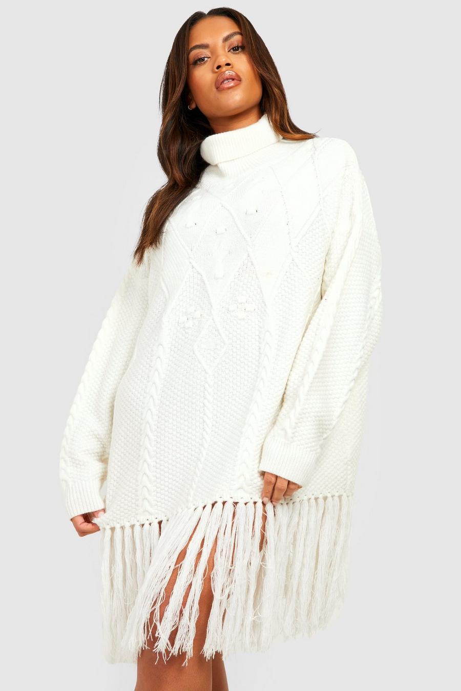 Cream Plus Turtleneck Cable Knit Tassel Sweater Dress