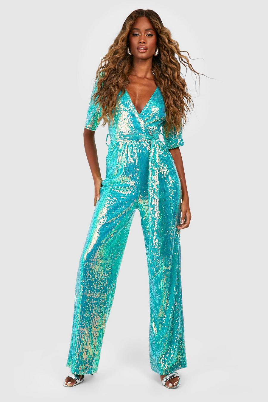 Pailletten Jumpsuit mit weitem Bein und Gürtel, Aqua