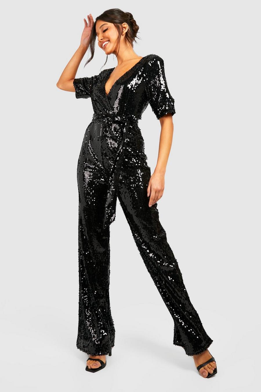 Black Sequin Belted Wide Leg Jumpsuit