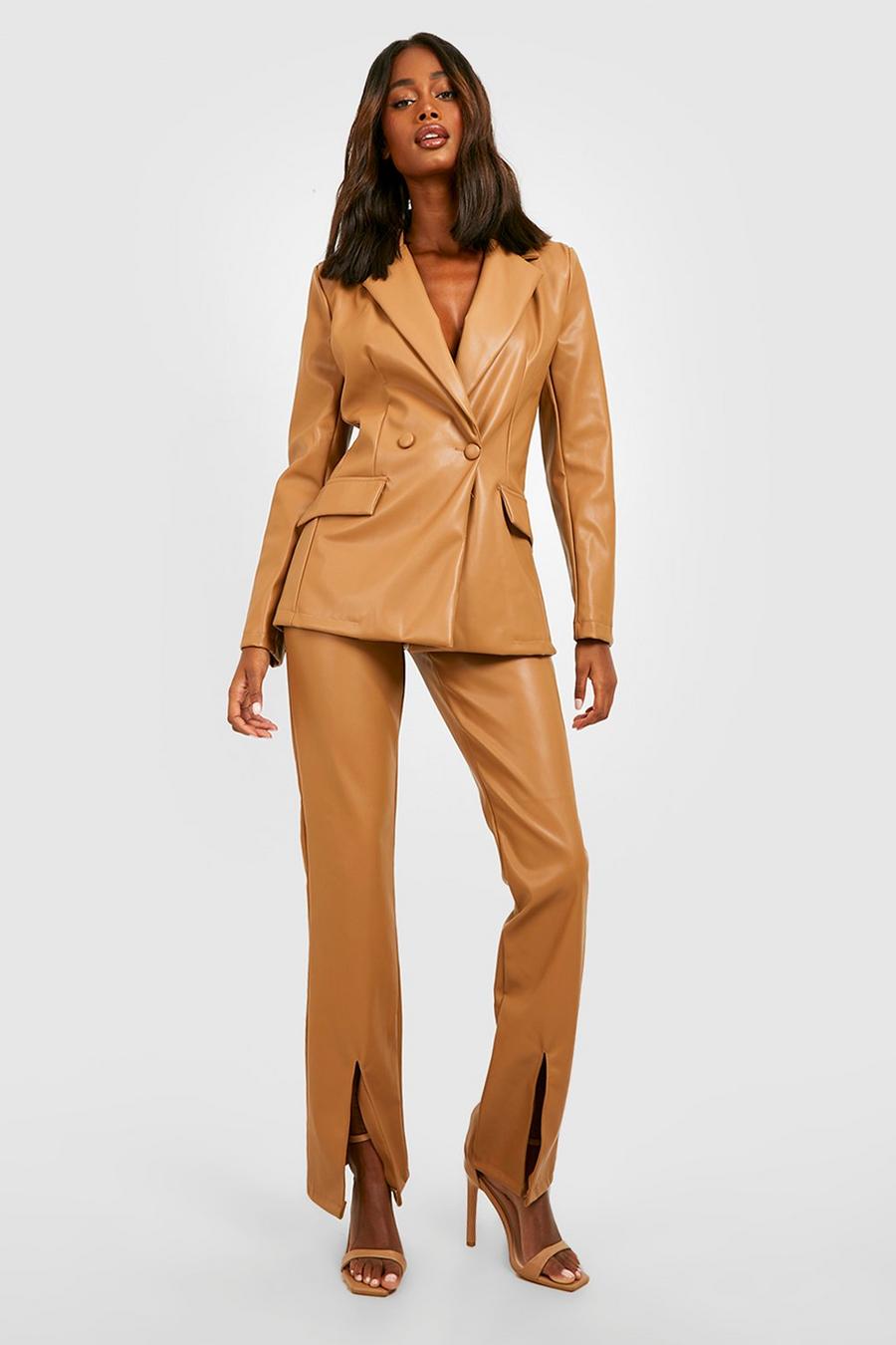 Camel Leather Look Split Front Tailored Pants