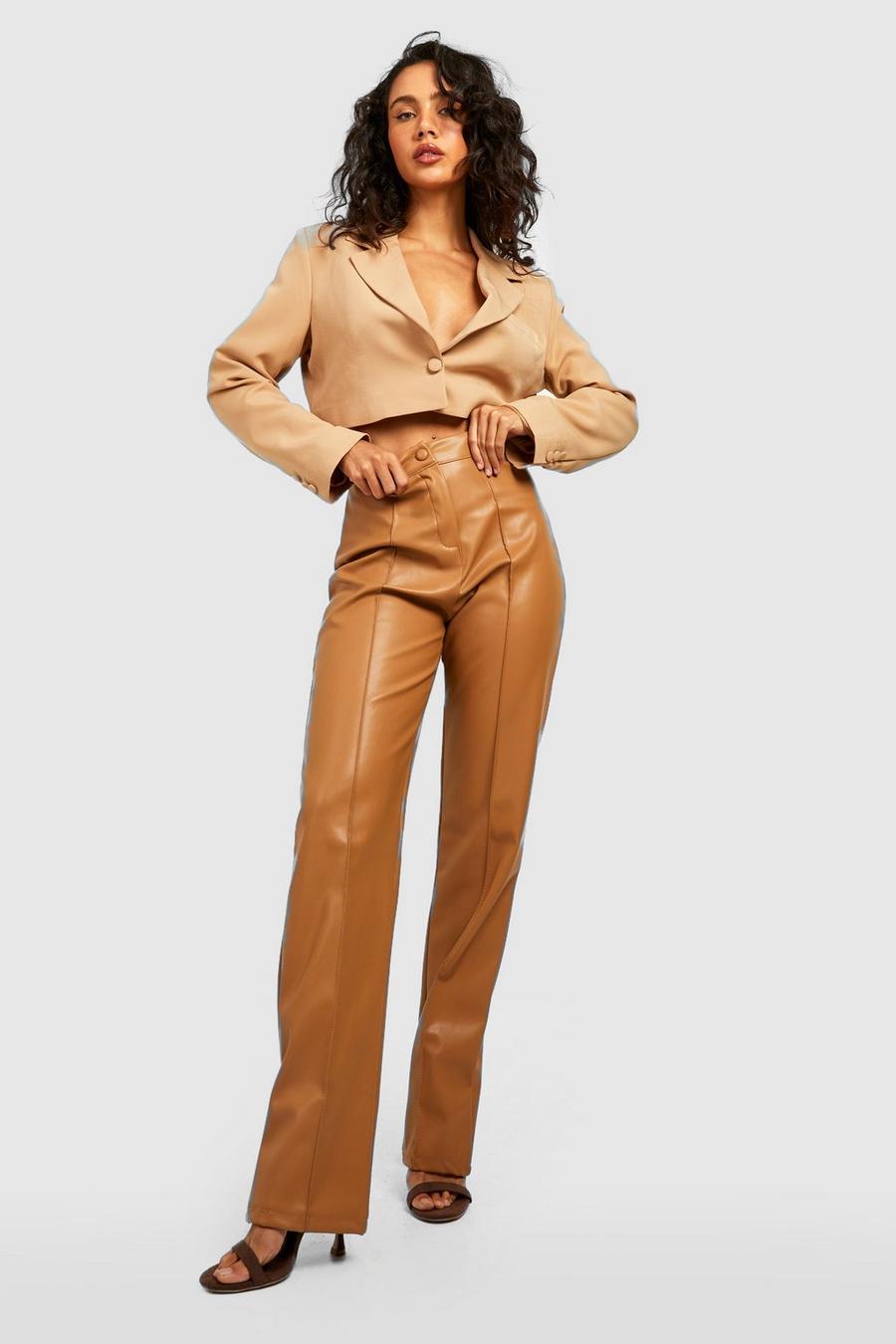 Camel Leather Look Seam Front Tailored Trousers