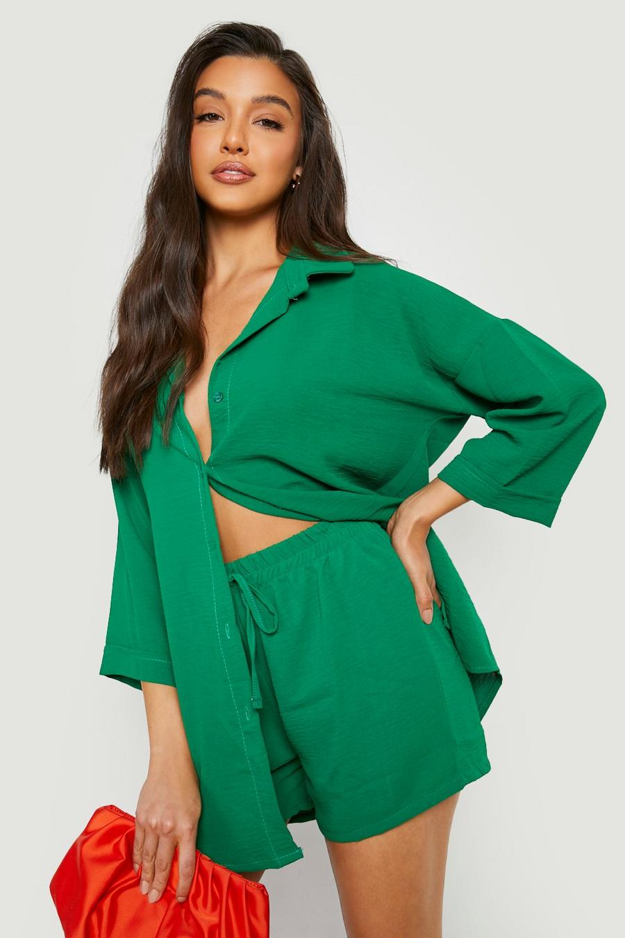 Bright green Oversized Geweven Overhemd Met Textuur En Shorts Set