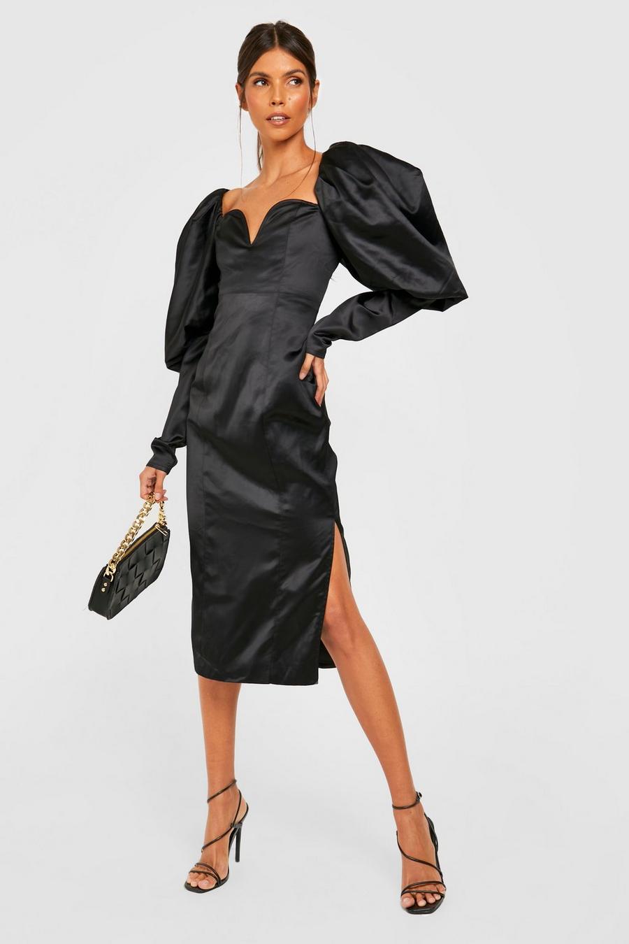 Black Satin Puff Sleeve Midi Dress