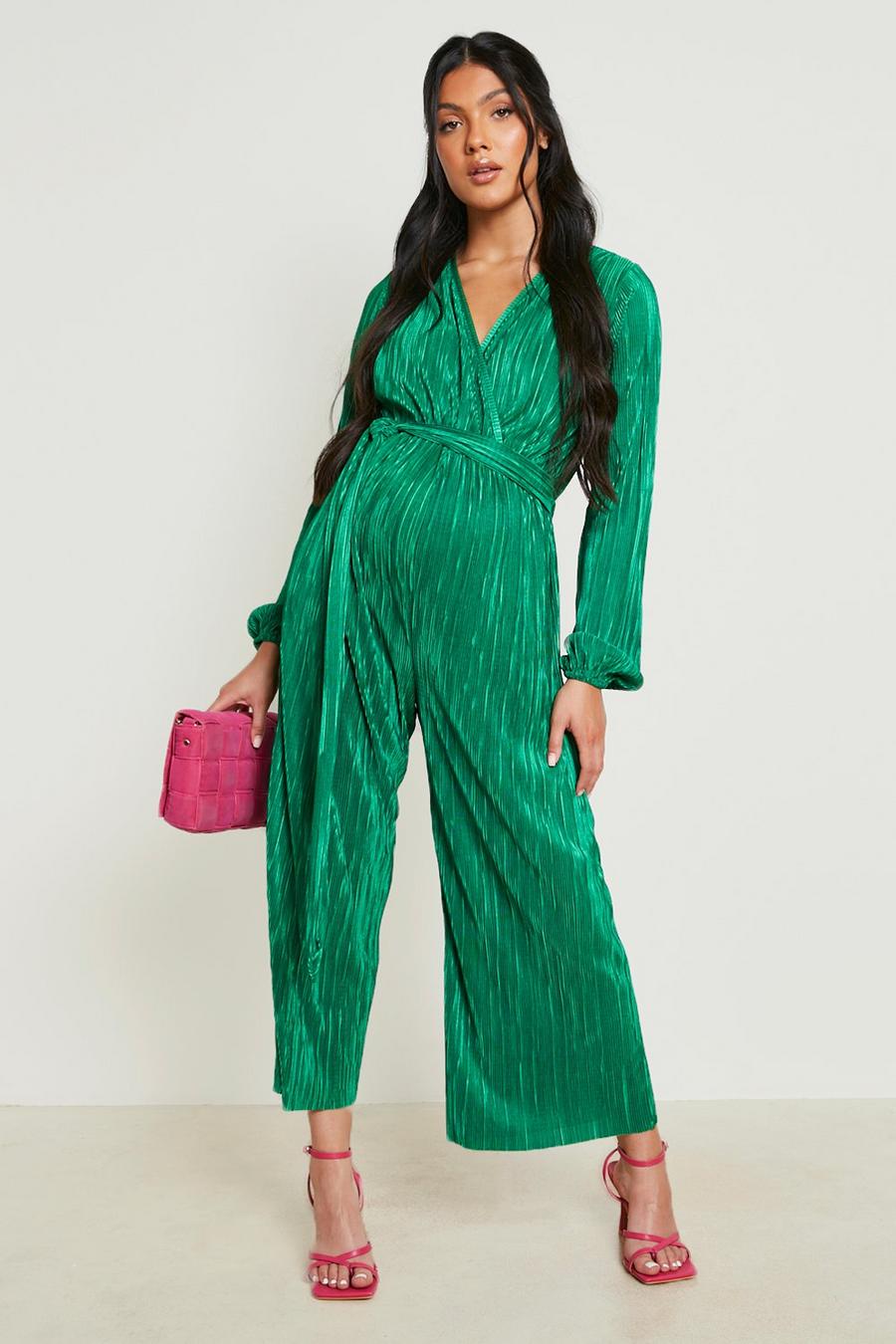 Green Maternity Plisse Wrap Culotte Jumpsuit