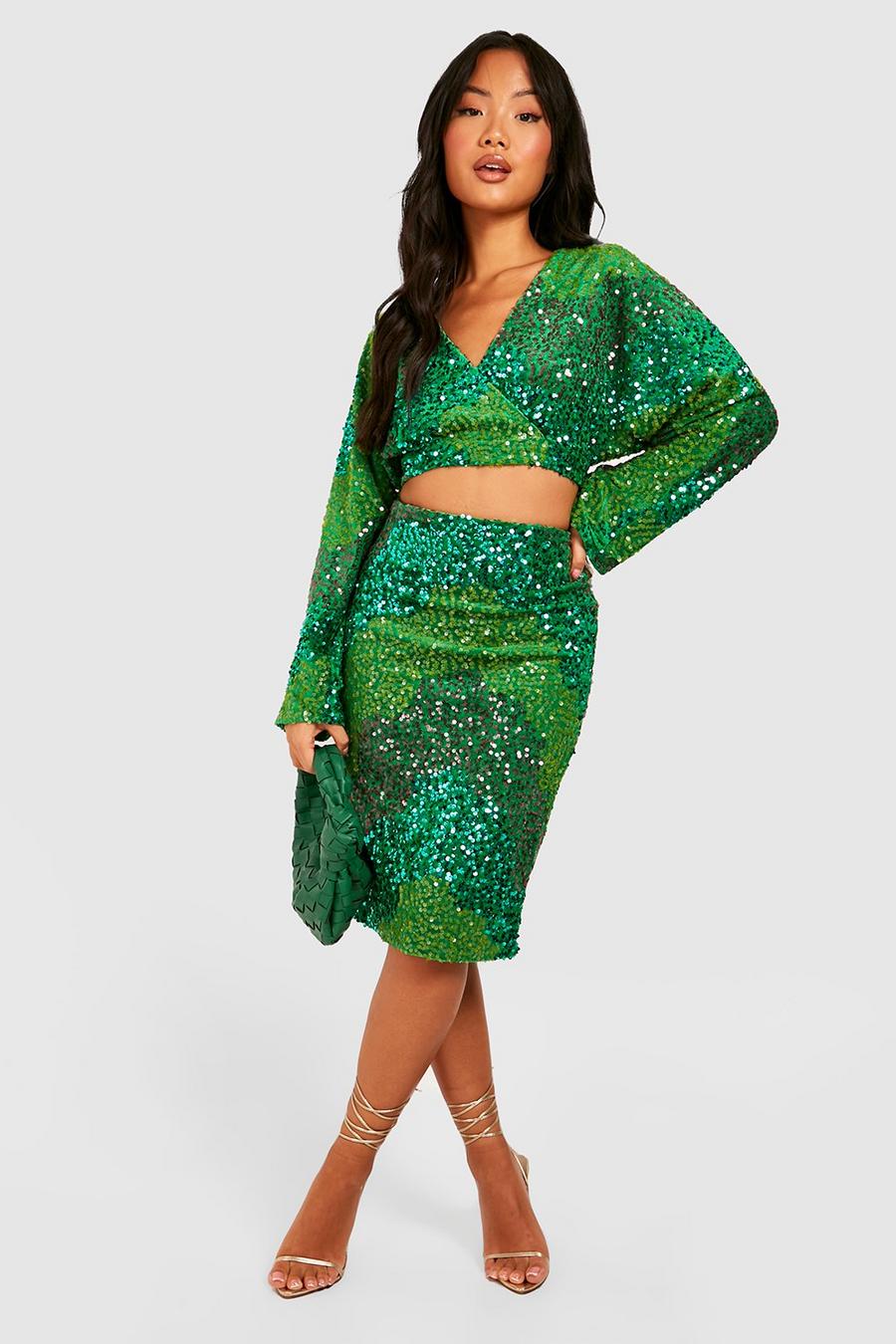 Conjunto coordinado Petite de falda midi de lentejuelas con estampado abstracto, Green