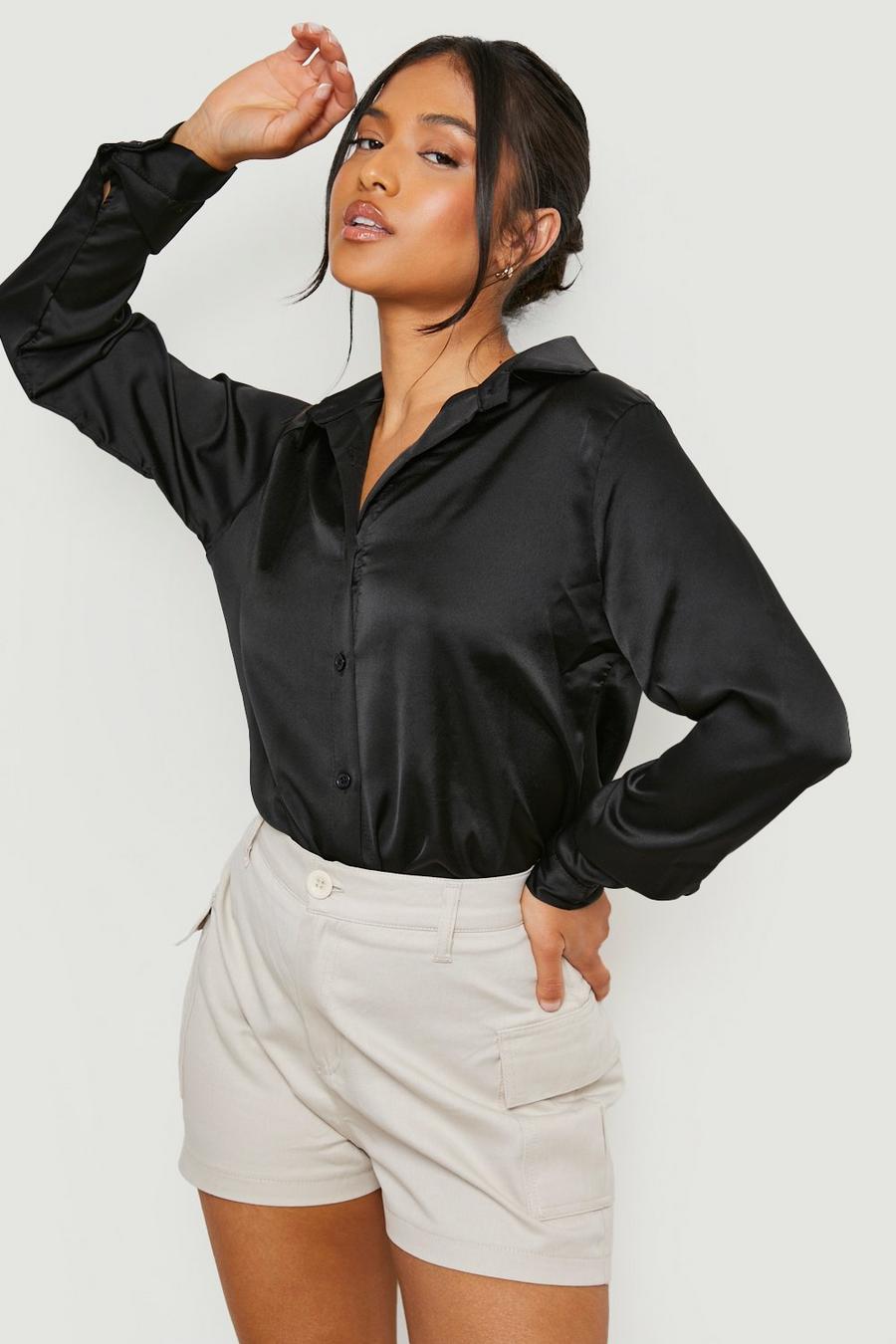 Black Petite Satin Oversized Shirt