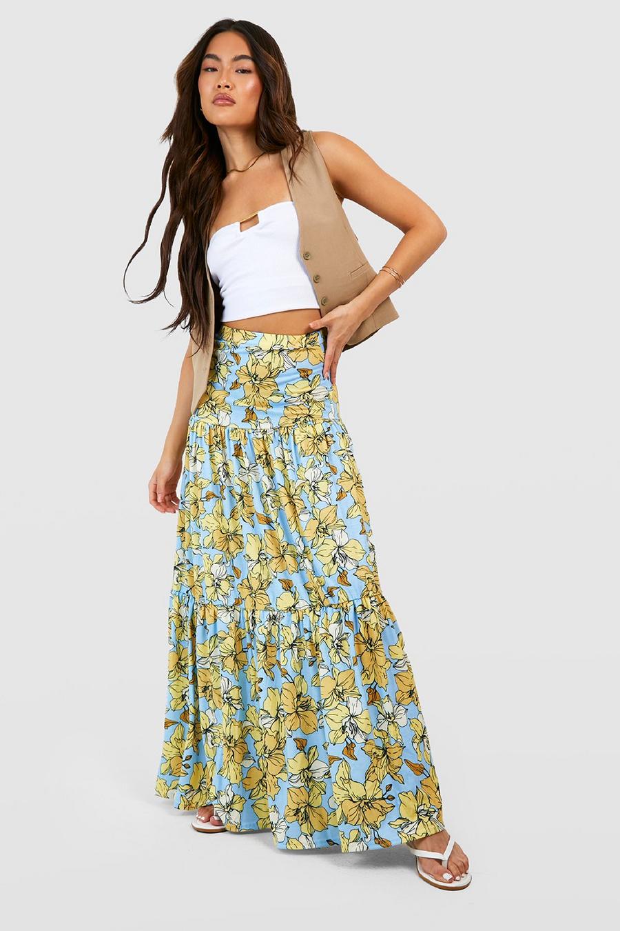 Sky blue Floral Gypsy Maxi Skirt