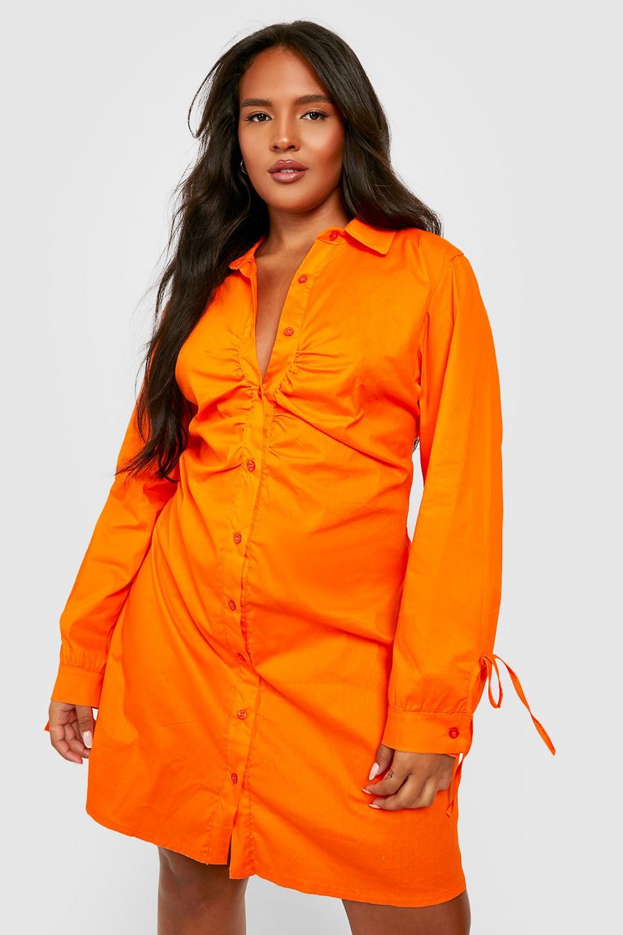 Orange Plus Poplin Tie Cuff Ruched Shirt Dress