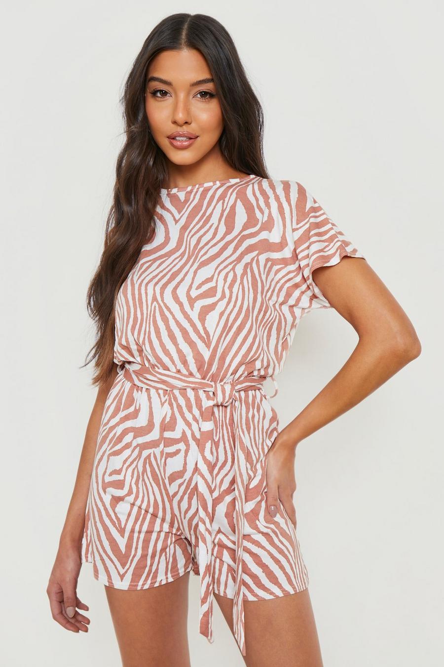 Kurzärmliger Zebraprint Playsuit mit Gürtel, Nude