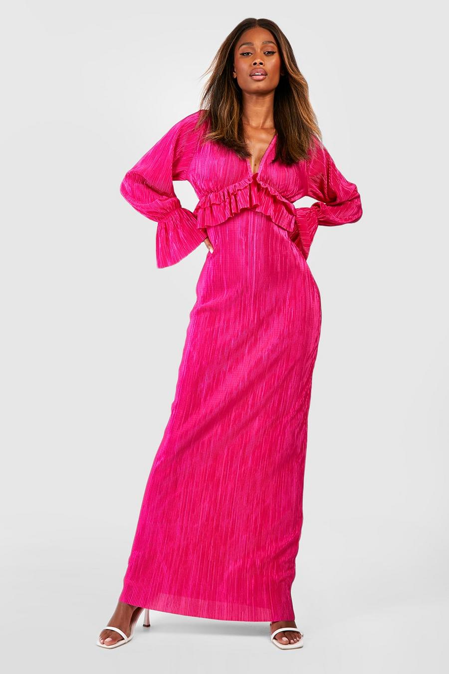 Vestito maxi plissettato a maniche lunghe con dettagli arricciati, Hot pink