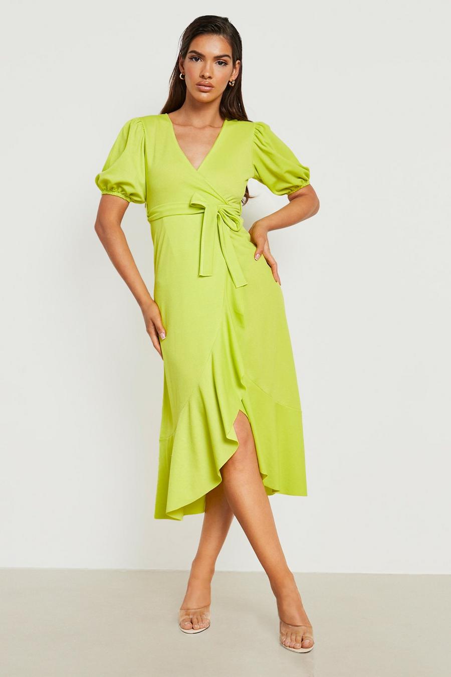 Chartreuse Ruffle Wrap Puff Sleeve Midi Dress