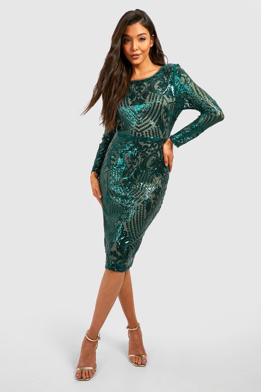 Forest Damask Sequin Cowl Back Midi Party Dress