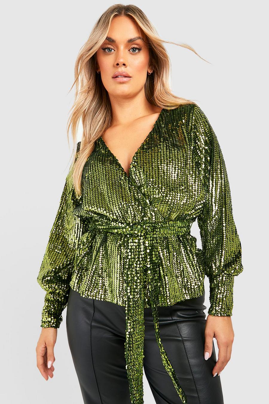 Blusa scaldacuore Plus Size con paillettes, Green