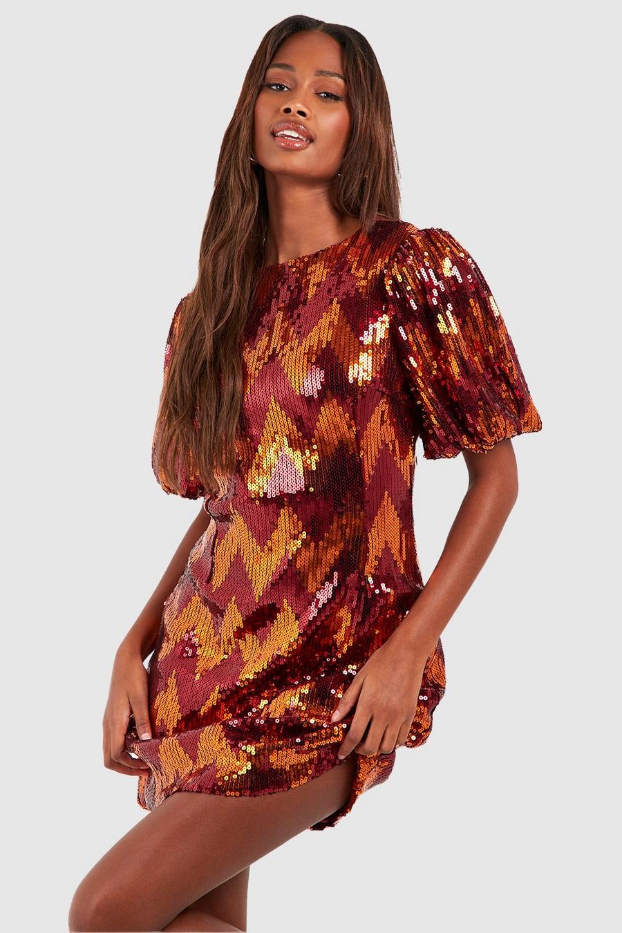 Copper Sequin Zig Zag Puff Sleeve Shift Party Dress